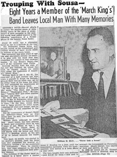 Newsclipping highlighting William Herb's career as a member of the Sousa Band during the 1920s