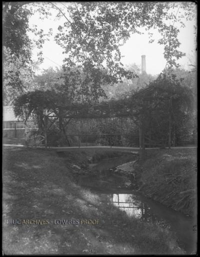 black and white photograph of a footbridge over a creek